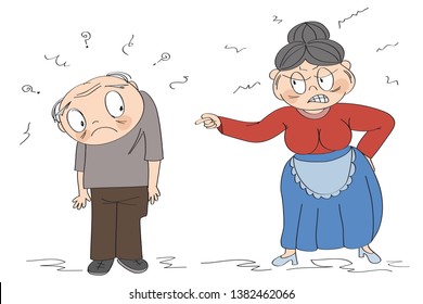 Spouses quarrel or domestic violence concept. Old lady full of rage, angry with her husband, shouting at him, pointing her finger, starting a quarrel. Original funny hand drawn illustration.