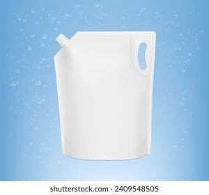 Spout pouch bag mockup for liquid detergent, soap. Vector illustration on blue background. Easy to use for presentation your product, idea, promo, design. EPS10.
