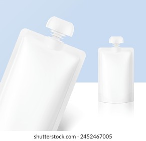 Spout pouch packaging bag mockup. Vector illustration isolated on blue and white background. Front view. Can be use for template your design, presentation, promo, ad. EPS10. svg