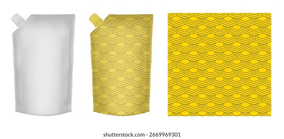 Bolsa con picos - Plantilla de maqueta en blanco. Patrón amarillo para el diseño de embalaje. Doypack. Paquete de juguetes flexible