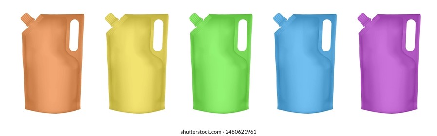 Spouted pouch with handle. Set of orange, yellow, green, blue and purple doypack packaging with screw cap. Stand up doy pack mock up set. Cosmetic refill. Washing liquid	