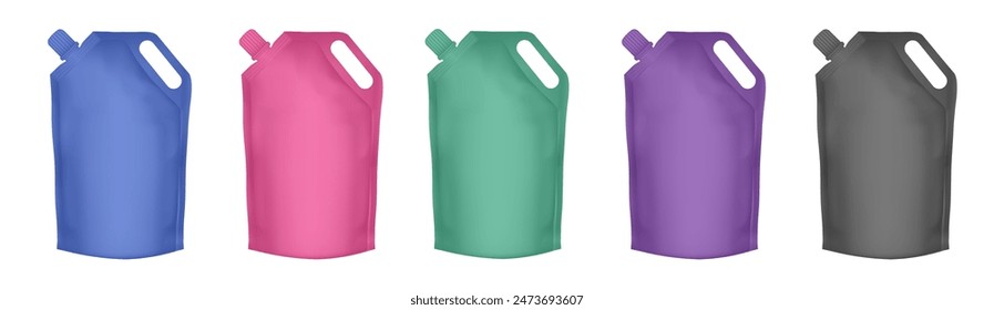 Spouted pouch with handle. Set of pink, purple, green, blue and black doypack packaging with screw cap.  Stand up doy pack mock up set. Laundry detergent refill