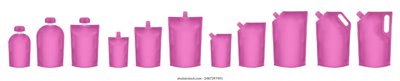 Spouted pouch with handle. Set of pink doypack packaging with screw cap. Stand up doy pack mock up set. Laundry detergent refill. Fruit puree, baby food	