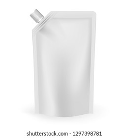 Spouted Pouch Isolated On White Background, Realistic Vector Mockup. Blank Stand Up Food Bag With Screw Cap, Template.