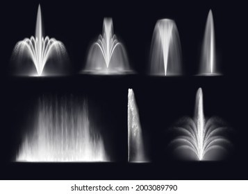 Spouting fountains jets or water geysers eruptions splashes. Realistic vector park or garden, illuminated and glowing in darkness fountains high sprays, water jets and wall streams set