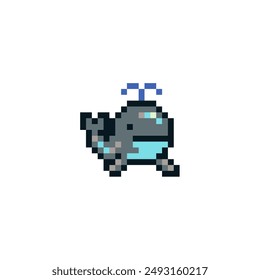 Spouting whale emoji, pixel art icon grampus isolated vector illustration. Game assets 1-bit sprite. Design stickers, logo, mobile app, embroidery.