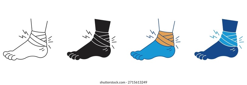 Conjunto de iconos de tobillo torcido. Lesión de huesos de la articulación del pie, dolor, cadera, orto, anatomía, cuerpo, concepto de cuidado Vector aislado sobre fondo blanco. Ilustración vectorial.