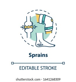 Sprains, muscle injury, trauma concept icon. Orthopedics, traumatism, sprained knee and ankle tendons idea thin line illustration. Vector isolated outline RGB color drawing. Editable stroke
