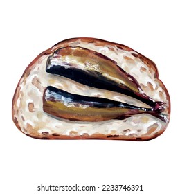 Sprat sandwich painting, Oil painting bread and fish, Food drawing