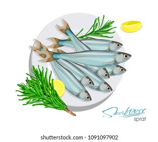 Sprat sketch vector fish icon. Isolated marine atlantic ocean sprats with rosemary and lemon on a plate. Isolated symbol for seafood restaurant sign or emblem, fishing club or fishery market