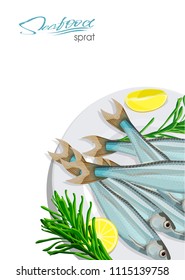 Sprat sketch vector fish icon. Isolated marine atlantic ocean sprats with rosemary and lemon on a plate. Isolated symbol for seafood restaurant sign or emblem, fishing club or fishery market