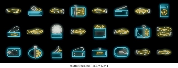 Sprats neon icons set with different types of canned fish on black background