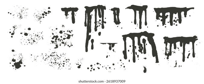 Spray aerosol splatters set. Grunge graffiti splashes and drips pack. Ink spots and blob shapes. Collage smudge spill. Dirty liquid. Vector hand drawn illustration on white background.