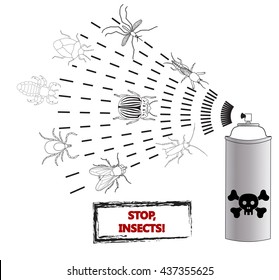 Spray against insects insecticides. anti pesticides, spiders, bugs, aphids, face of dead insect in poison toxic cloud isolated on white backgrond, illustration sign