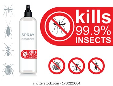 Spray against insects. Stop insects. Bottle with dispenser pump. Deat Pest Bug Logo. Suitable for any Pest related Service. Warning prohibited sign, Harmful insects icons set.