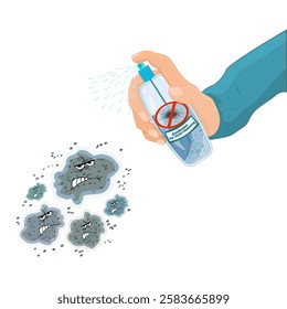 Spray aimed at mold in man hand in white background. Mold spray. Mold control. Hand with antifungal bottle spray . Kill dangerous fungus.Hand presses bottle dispenser on mold stain.Vector illustration