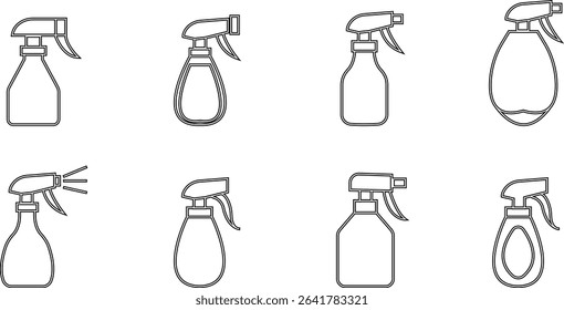 Spray bottle black flat vector icon set, Cleaning spray bottle vector silhouette, modern clean and Fresh sanitizing product design, Useful for various applications like household template elements,