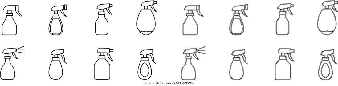 Spray bottle black flat vector icon set, Cleaning spray bottle vector silhouette, modern clean and Fresh sanitizing product design, Useful for various applications like household template elements,
