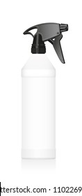 Spray bottle. Blank unlabeled white plastic tube with black sprayer. Isolated vector illustration on white background.