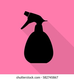 Spray bottle for cleaning sign. Black icon with flat style shadow path on pink background.