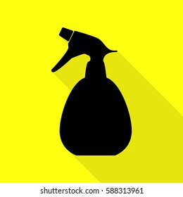 Spray bottle for cleaning sign. Black icon with flat style shadow path on yellow background.