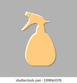 Spray bottle for cleaning sign. Emboss effect with light orange icon on gray background.