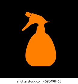 Spray bottle for cleaning sign. Orange icon on black background.