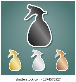 Spray bottle for cleaning sign. Set of metallic Icons with gray, gold, silver and bronze gradient with white contour and shadow at viridan background. Illustration.