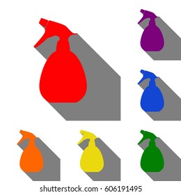 Spray bottle for cleaning sign. Set of red, orange, yellow, green, blue and violet icons at white background with flat shadow.