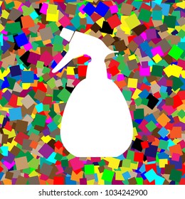 Spray bottle for cleaning sign. Vector. White icon on colorful background with seamless pattern from squares.