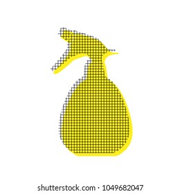 Spray bottle for cleaning sign. Vector. Yellow icon with square pattern duplicate at white background. Isolated.