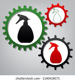 Spray bottle for cleaning sign. Vector. Three connected gears with icons at grayish background.