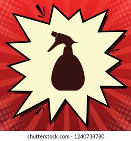 Spray bottle for cleaning sign. Vector. Dark red icon in lemon chiffon shutter bubble at red popart background with rays.