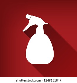 Spray bottle for cleaning sign. Vector. White icon with limitless shadow at ruby red background.