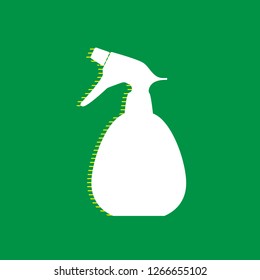 Spray bottle for cleaning sign. Vector. White flat icon with yellow striped shadow at green background.