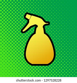 Spray bottle for cleaning sign. Vector. Pop art orange to yellow dots-gradient icon with black contour at greenish background.