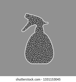 Spray bottle for cleaning sign. Vector. Black maze filled icon with white border at gray background.