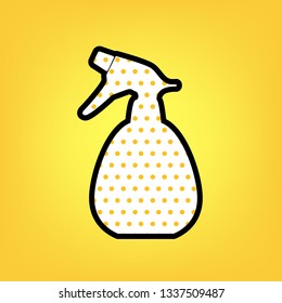Spray bottle for cleaning sign. Vector. Yellow polka dot white icon with black contour at warm yellow background.