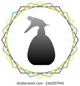 Spray bottle for cleaning sign. Vector. Black icon with patch of light inside colorful hexagonal frames at white background.