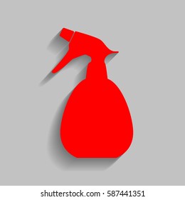 Spray bottle for cleaning sign. Vector. Red icon with soft shadow on gray background.