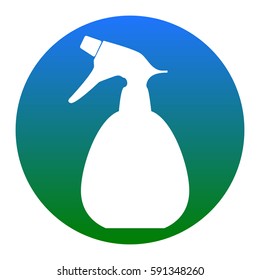 Spray bottle for cleaning sign. Vector. White icon in bluish circle on white background. Isolated.