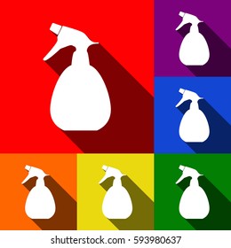 Spray bottle for cleaning sign. Vector. Set of icons with flat shadows at red, orange, yellow, green, blue and violet background.