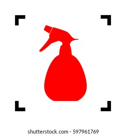 Spray bottle for cleaning sign. Vector. Red icon inside black focus corners on white background. Isolated.