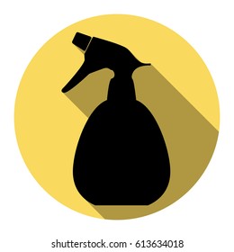 Spray bottle for cleaning sign. Vector. Flat black icon with flat shadow on royal yellow circle with white background. Isolated.