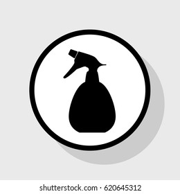Spray bottle for cleaning sign. Vector. Flat black icon in white circle with shadow at gray background.