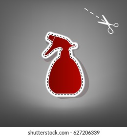 Spray bottle for cleaning sign. Vector. Red icon with for applique from paper with shadow on gray background with scissors.