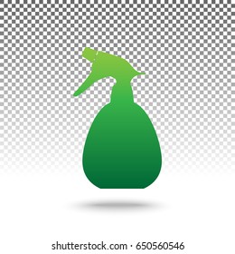 Spray bottle for cleaning sign. Vector. Green gradient icon with shadow at bottom on transparent and white background.