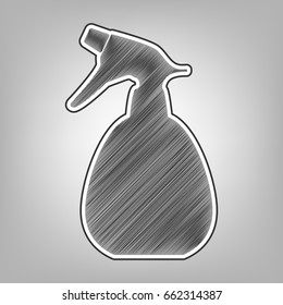 Spray bottle for cleaning sign. Vector. Pencil sketch imitation. Dark gray scribble icon with dark gray outer contour at gray background.