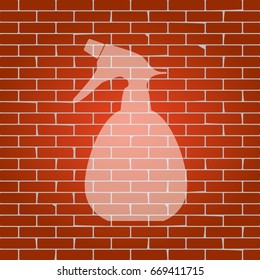 Spray bottle for cleaning sign. Vector. Whitish icon on brick wall as background.
