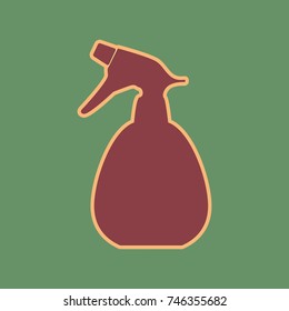 Spray bottle for cleaning sign. Vector. Cordovan icon and mellow apricot halo with light khaki filled space at russian green background.